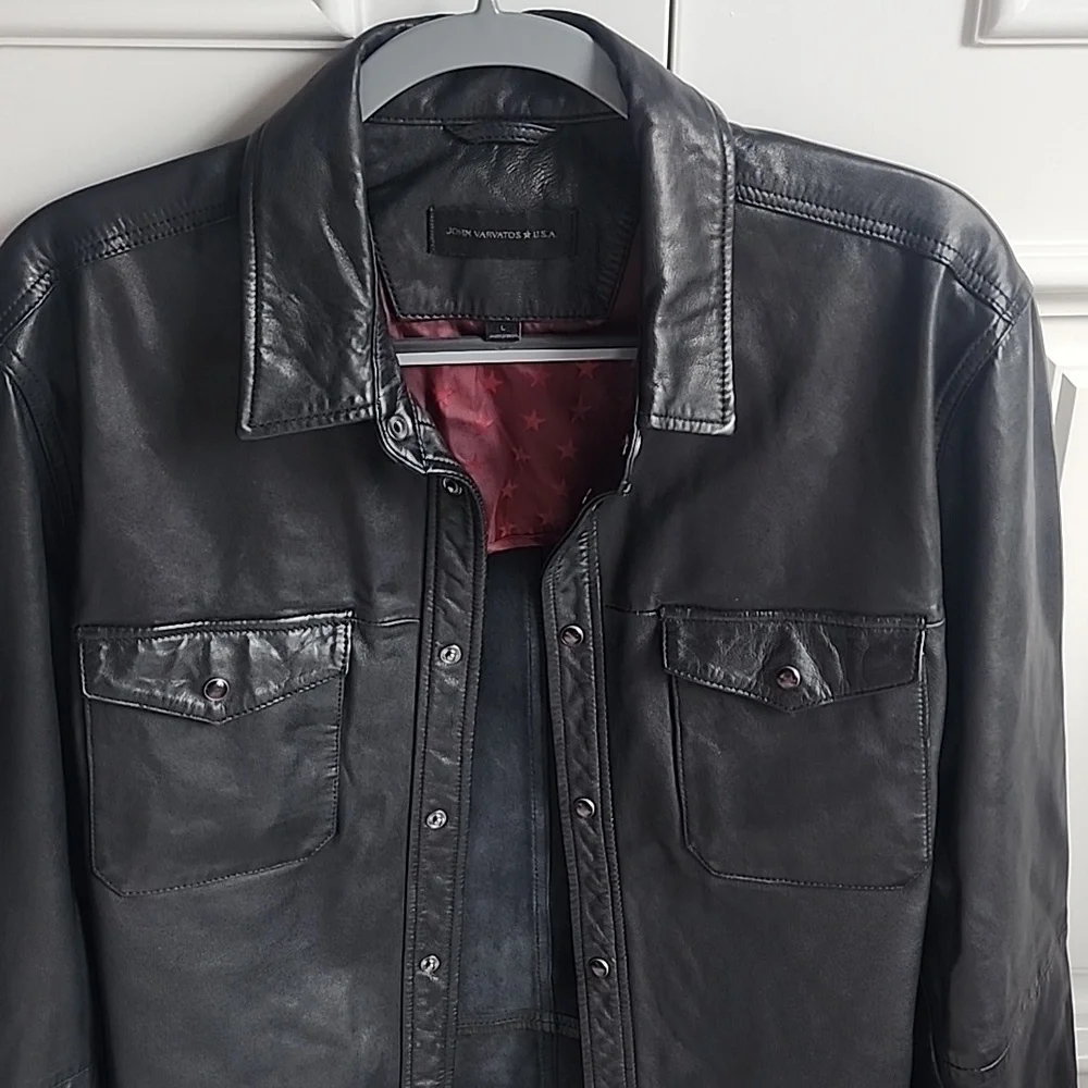 John Varvatos Black Leather Shirt Jacket - Picture 3 of 10